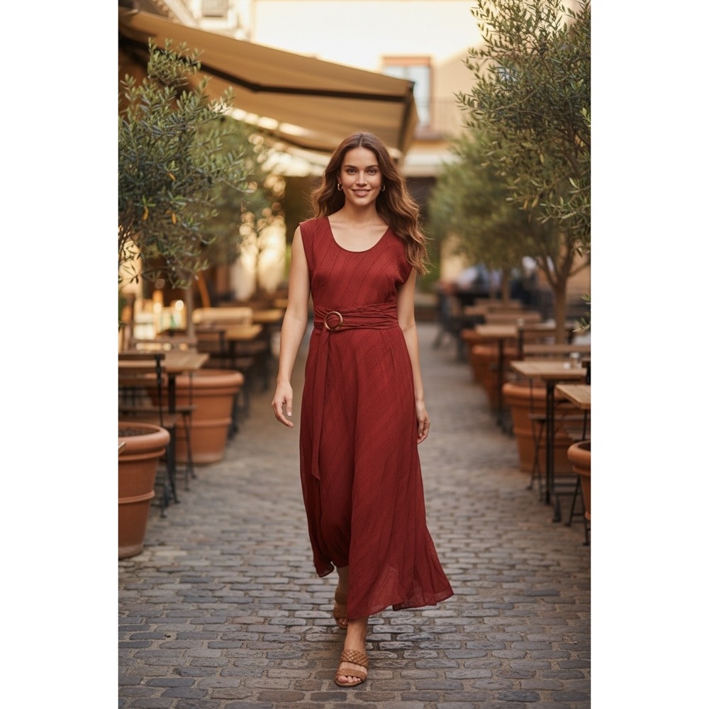 Anthropologie Moulinette Soeurs Rust Red Handkerchief Hem Maxi Dress O-Ring Tie